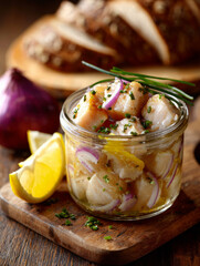 Pickled herring with onions and lemon in a jar on a wooden board.