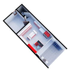 3D Floor plan of a mini market, 3D illustration. Top View.	