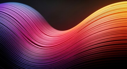 Vibrant, undulating ribbon of layered colors, transitioning from purple to orange, against a dark background