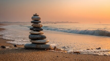 Stacked Stones On Beach At Sunrise