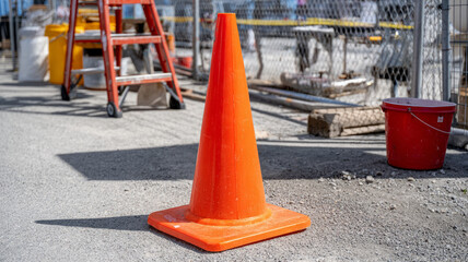 Orange traffic cone at a construction site.