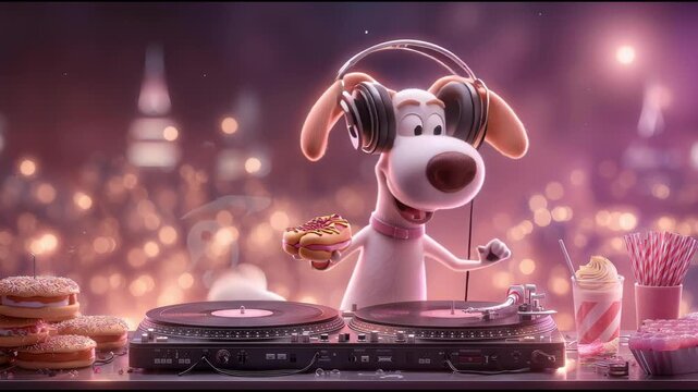 Playful cartoon dog DJ with headphones on turntable and vinyl, holding hotdog amid donut and candy in night city neon bokeh, energetic neon party scene where pup spins music and enjoys street food