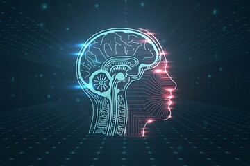 Futuristic digital brain and human head silhouette with glowing circuits and data streams representing artificial intelligence and cognitive technology
