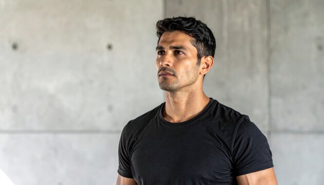 Adult in alert anticipation eyes focused off frame cool top light concrete tone clean studio portrait for editorial business branding and professional communication