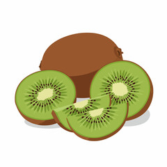 Obraz premium Flat Cartoonish Whole and Sliced Kiwi Fruit Healthy Food Illustration