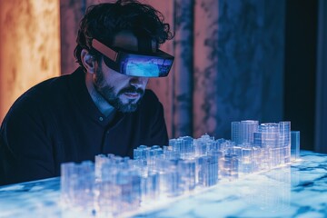 Man in AR headset interacts with a holographic 3D city model, exploring urban planning and smart city concepts in a futuristic setting.