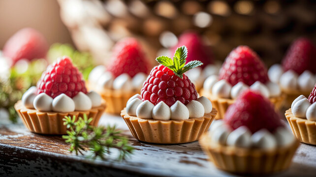 Fresh raspberry tarts with cream on rustic wooden table  