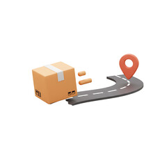 Moving Package Delivery on Dark Road with Red Pin on White Background
