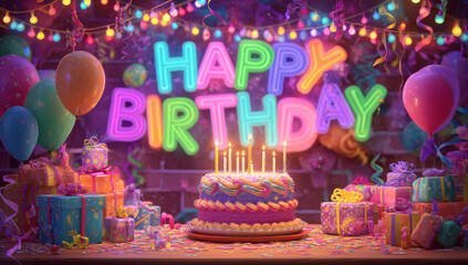Obraz premium Birthday cake on table. A birthday cake is placed on top of a wooden table. The cake is decorated with colorful frosting and lit candles, ready to be celebrated. Generative AI image