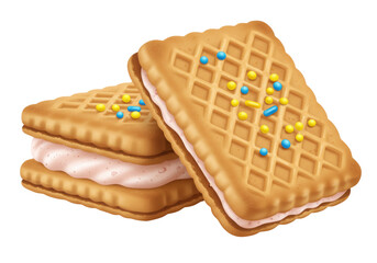 Two square sandwich cookies with pink cream and sprinkles isolated on transparent background, sweet dessert PNG