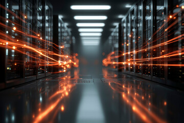 3D render of data server room with glowing network connections, Futuristic server room with fluid data visualization. Generative AI image