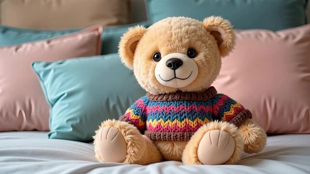 Adorable teddy bear wearing a vibrant knitted sweater sits comfortably on a cozy bed surrounded by soft pastel pillows, inviting warmth and comfort.
