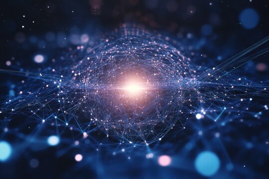 Visualization of interconnected particles forming a luminous network in a cosmic space