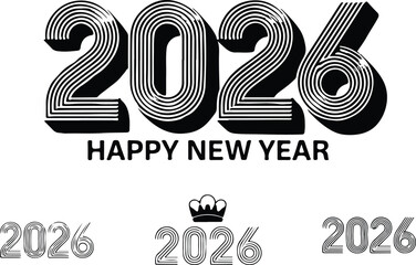 Big Set of 2026 Happy New Year Logo Designs Number Templates and Symbol Collection in Black Vector on a white background