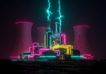 Vibrant neon-lit industrial complex with striking lightning bolts illuminating a futuristic power generation facility at night.