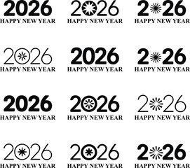 Big Set of 2026 Happy New Year Logo Designs Number Templates and Symbol Collection in Black Vector on a white background