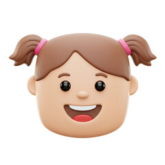 Cartoon Smiling Girl with Brown Ponytails, Pink Scrunchies, and Black Eyes