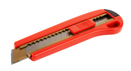 Red utility knife isolated on white, box cutter with retractable blade for cutting cardboard and packaging materials
