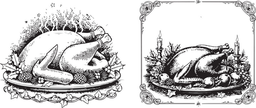 Vintage Engraving of Holiday Roasted Fowl with Festive Garnish