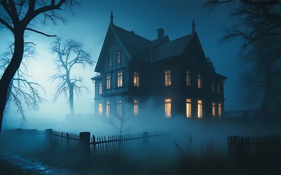 A spooky haunted house in the fog at night with glowing windows