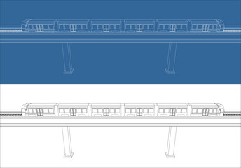 Blueprint style line drawing of a Light Rail Transit (LRT) train traveling on an elevated railway bridge