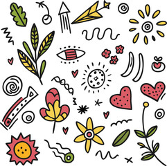 Whimsical hand drawn doodle elements with hearts sun flowers and leaves