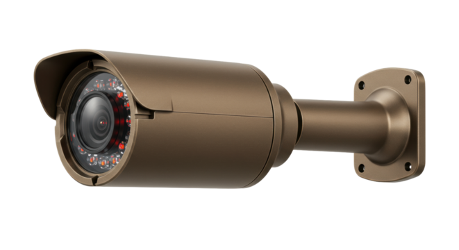 Bronze bullet security camera isolated, CCTV surveillance system for home security and outdoor monitoring PNG