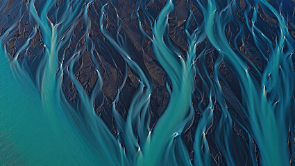 Aerial view of river delta glacier water stream pattern nature landscape scenic travel destination