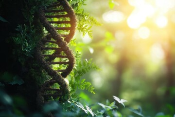 A close-up view of a DNA helix entwined with greenery in a sunlit forest setting