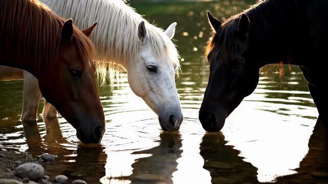 Graceful horses drinking water by scenic riverside at sunset
