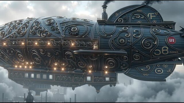 Majestic airship steampunk ornate metal industrial city cloudy sky vintage illuminated rivet detail brass fantasy adventure glides above industrial cityscape, ornate hull glowing warmly
