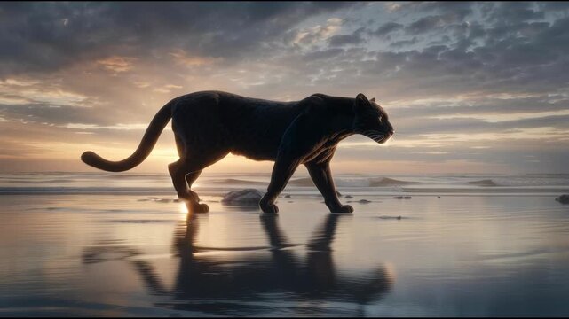 Majestic black panther beach sunset golden light with reflection and silhouette along ocean shoreline, tranquil clouds and calm sea, serene wildlife scene as predator prowls across wet sand dramatic