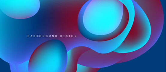 Abstract fluid shapes blend vibrant blues, purples, reds. Modern design creates dynamic visual experience. Smooth gradients offer depth.
