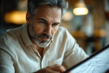 Obraz premium A concentrated man with a salt-and-pepper beard studies digital blueprints on a tablet, showcasing professional engagement.