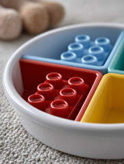 Obraz premium Colorful Lego blocks in a divided round plate on a textured surface.