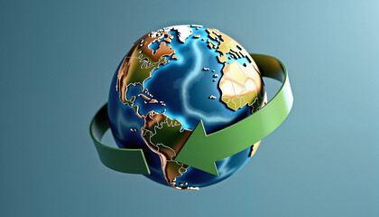 Earth globe with green recycling arrow, concept of environmental sustainability, on blue background