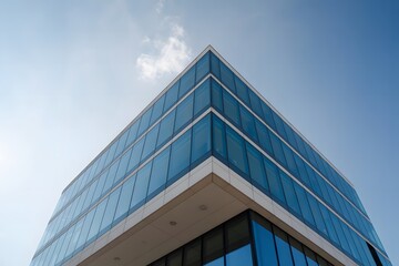 Modern architectural glass building facade with sharp geometric angles and reflective blue windows against a clear sky