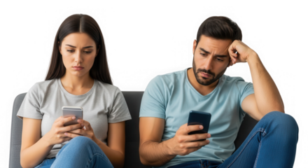 Couple using smartphone ignoring each other isolated on transparent background