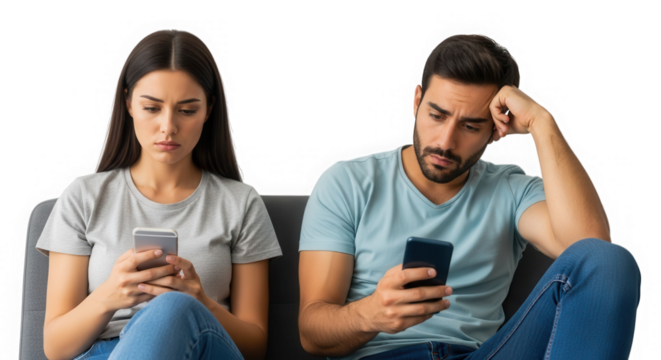 Couple using smartphone ignoring each other isolated on transparent background - Powered by Adobe