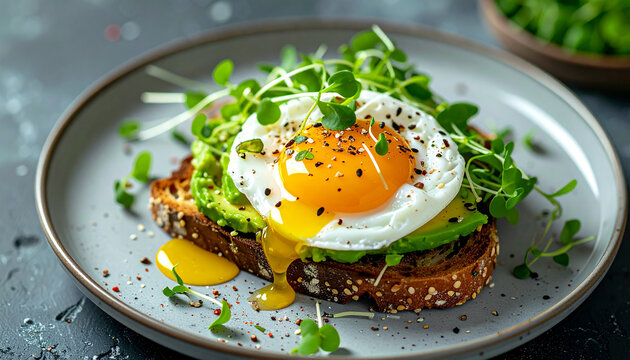 Avocado toast with poached egg and microgreens. Tasty food. Delicious snack for breakfast.