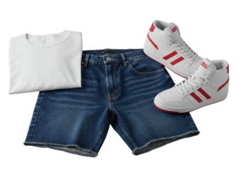 Premium indigo denim cutoff shorts, transparent retro high-top sneakers with red accents, and a white t-shirt, flat lay on a transparent background, professional product photography concept.