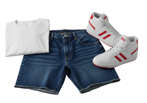 Premium indigo denim cutoff shorts, transparent retro high-top sneakers with red accents, and a white t-shirt, flat lay on a transparent background, professional product photography concept.