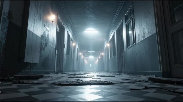 Abandoned hospital corridor horror eerie dark moody foggy damaged debris tiles hallway with fear rising and tension building silence dark hallway abandoned hospital horror eerie foggy flickering