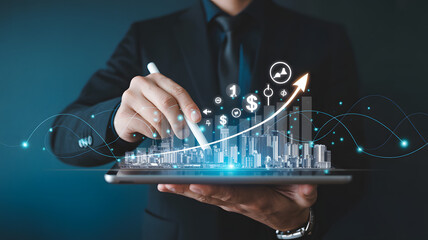 Stylish businessman analyzing financial growth on tablet, visualizing urban development, charts, and rising arrow, representing progress and investment success