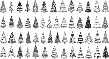 Pine tree silhouette set, black and white forest icons, stylized conifer illustrations, nature graphic pack, evergreen vector trees, clipart