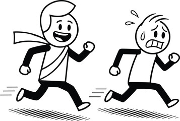 Running cartoon characters, emotional contrast, superhero and scared expressions, comic style art, black and white, motion lines, stylized fantasy illustration