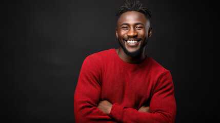 Obraz premium Stylish smiling man in red sweater on black background with copy space. Consumerism, sales, black friday. Online shopping.