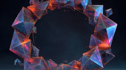 A ring of translucent, faceted geometric shapes, with fiery interiors, float against a dark background