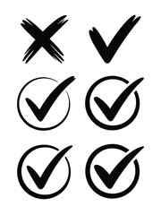 Illustration of check marks and an x mark isolated on white background, representing choices, correctness, and validation in a simple design