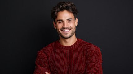 Obraz premium Stylish smiling man in red sweater on black background with copy space. Consumerism, sales, black friday. Online shopping.